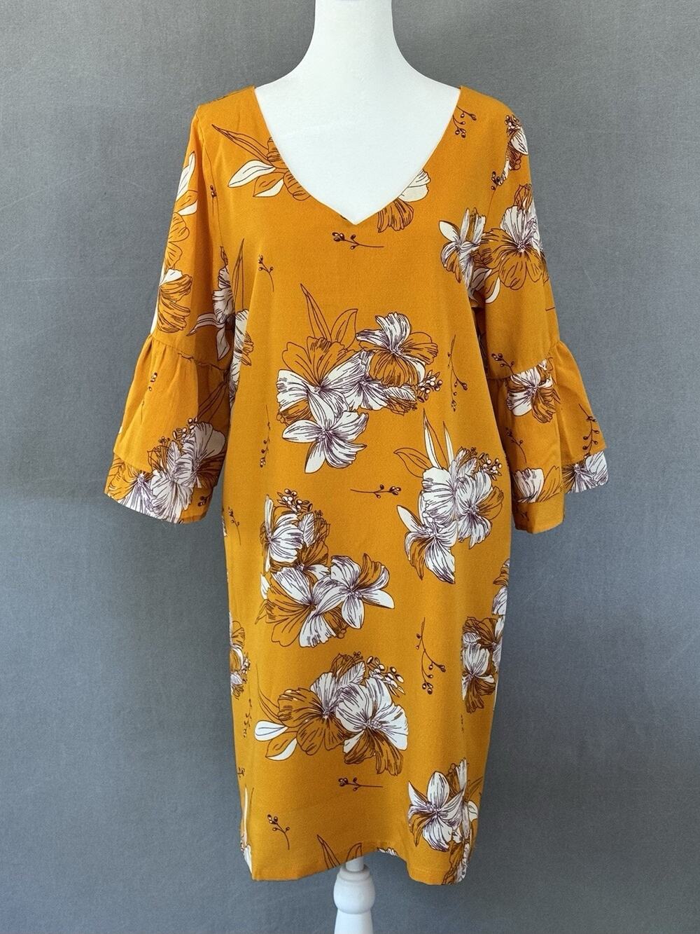 BelongSci NWT Floral Shift Dress Large Mustard Yellow Bell Sleeve Scoop Neck